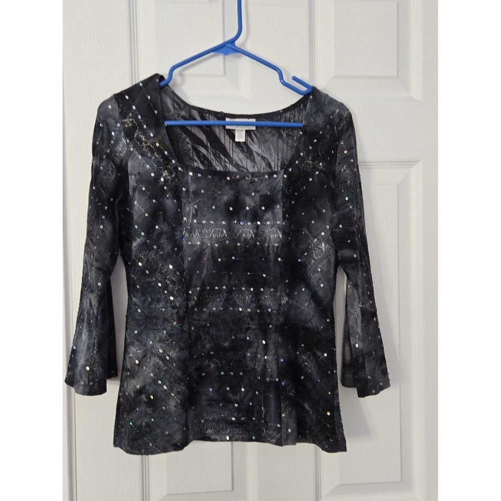 Dress Barn Womans Blouse 3/4 Sleeves Size Petite Medium black & Grey.